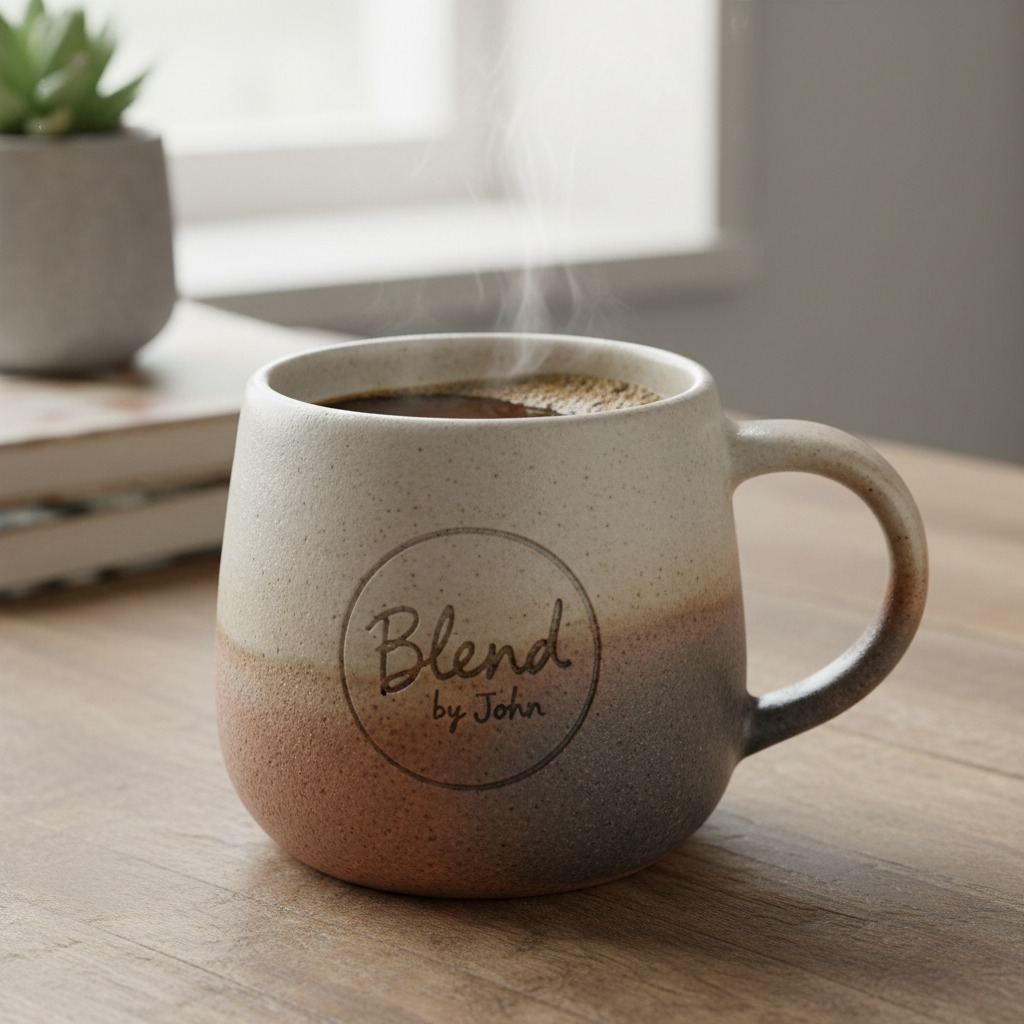 A steaming ceramic mug with a gradient color finish and the text "Blend by John" sits on a wooden table.