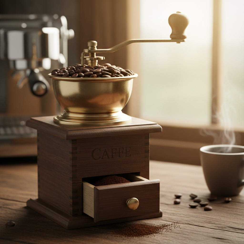 A vintage wooden coffee grinder filled with whole beans sits on a table next to a steaming cup of coffee.