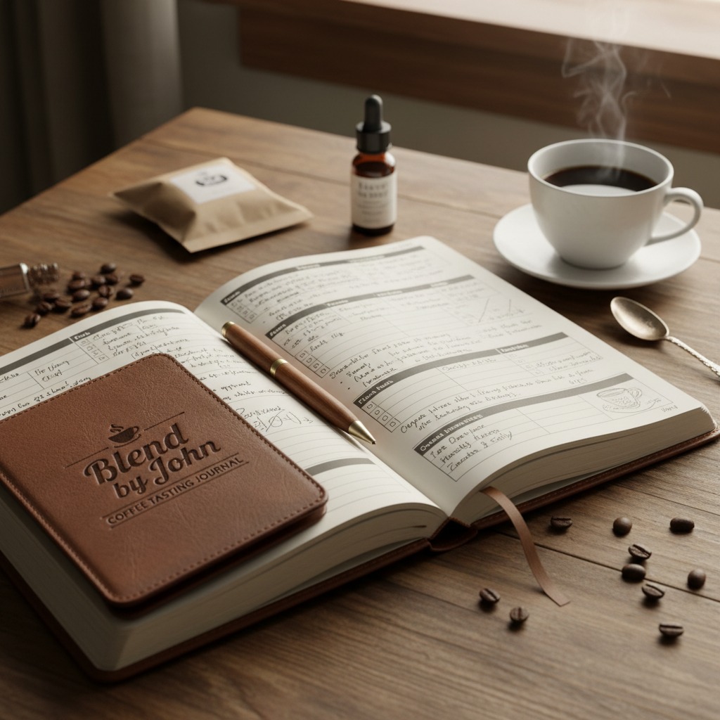 A brown leather coffee tasting journal labeled "Blend by John" lies open on a wooden table next to a steaming cup of coffee, a pen, and scattered coffee beans.