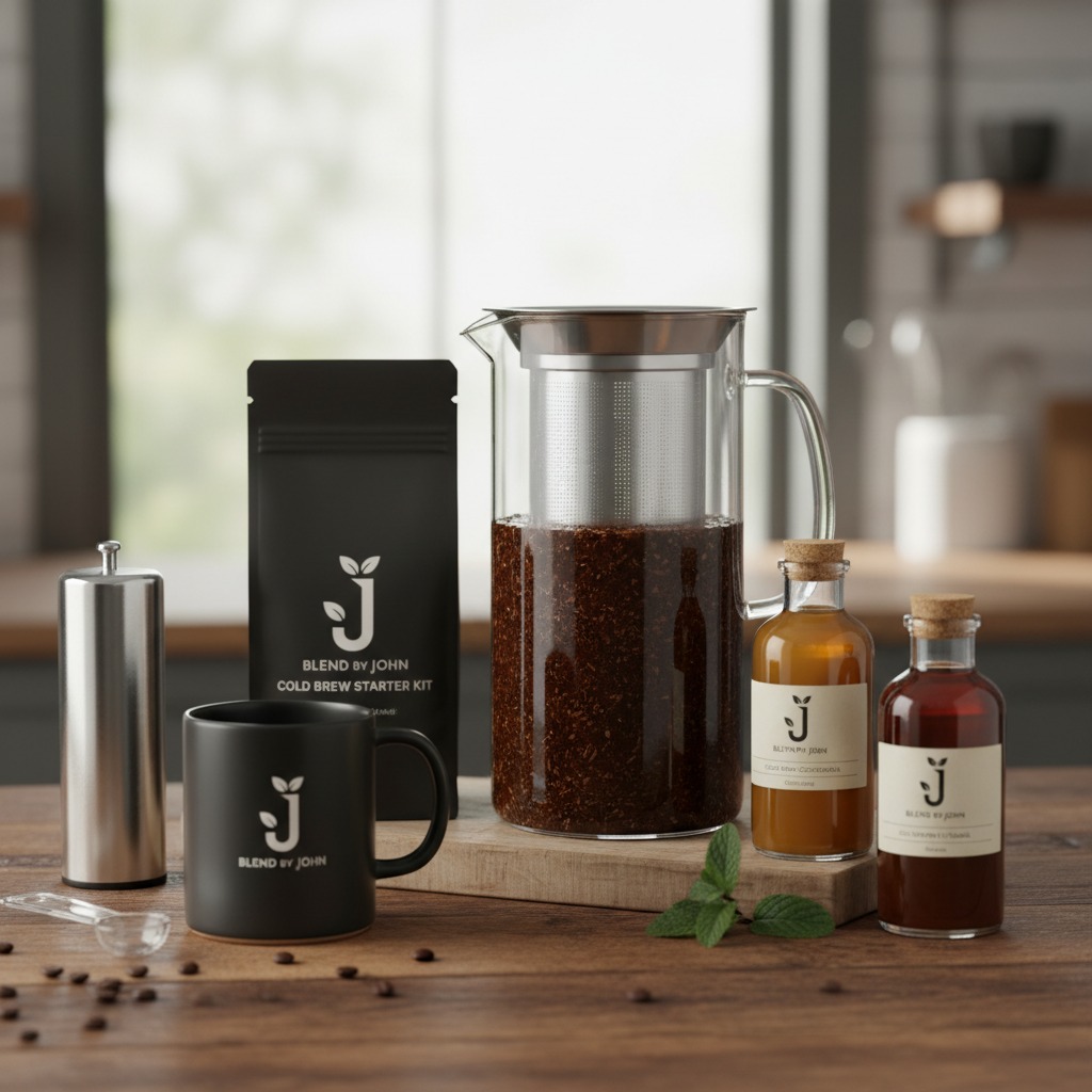 A Blend by John cold brew coffee starter kit featuring a glass pitcher, a black mug, a coffee bag, and two small glass bottles on a wooden table.