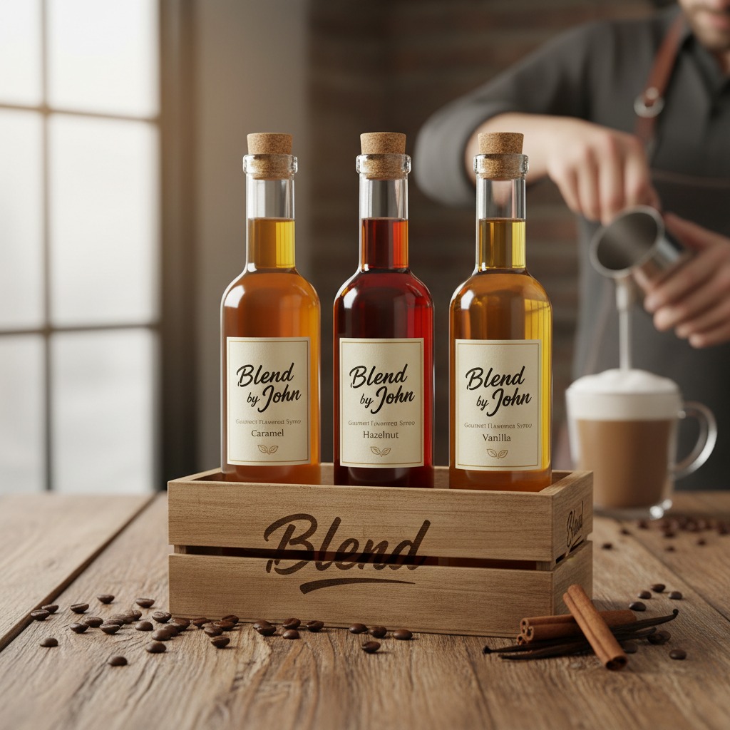 Three glass bottles of Blend by John gourmet flavored syrup in caramel, hazelnut, and vanilla sit in a wooden crate on a table with coffee beans and cinnamon sticks.
