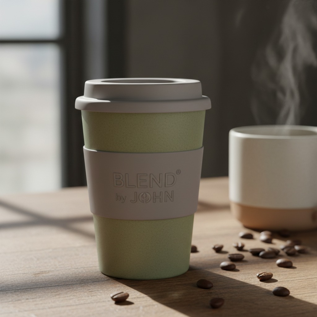 A light green reusable coffee cup with a grey sleeve labeled "BLEND by JOHN" sits on a wooden table next to scattered coffee beans and a steaming mug.