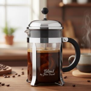 A glass French press filled with coffee sits on a wooden table surrounded by scattered coffee beans.