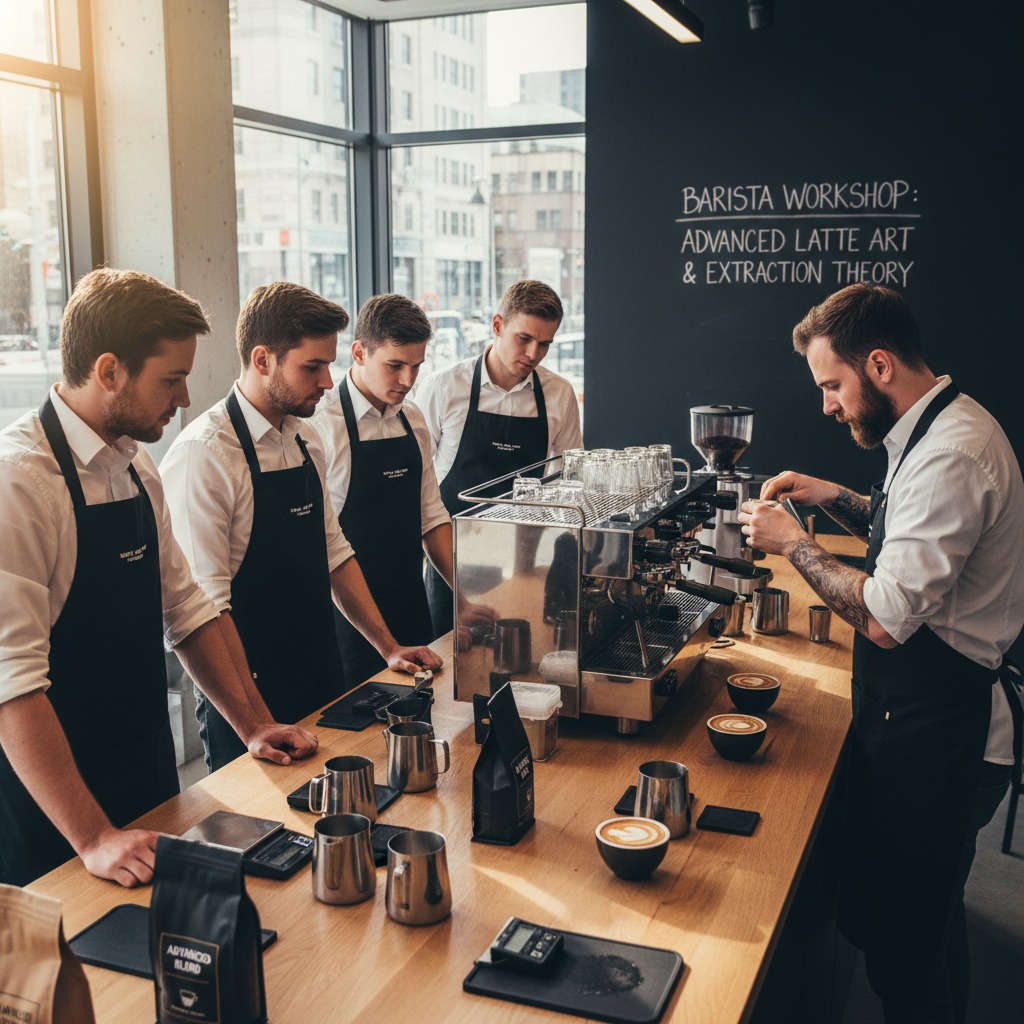 A barista demonstrates latte art techniques to a group of trainees at a workshop in a coffee shop.