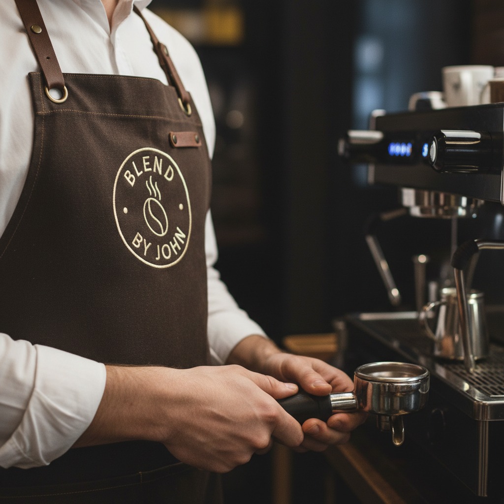 A barista wearing a brown apron with the Blend by John logo prepares an espresso machine.
